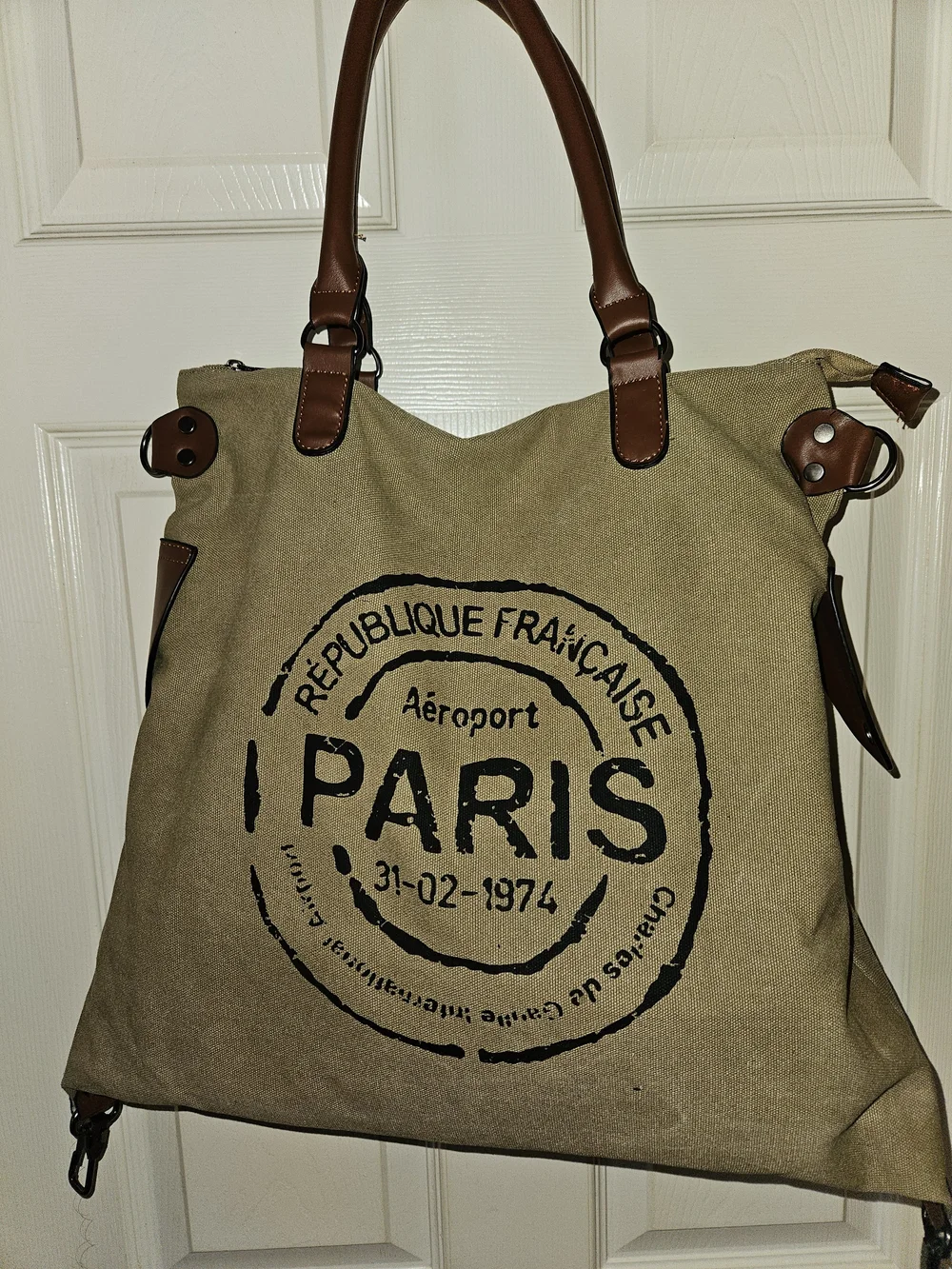 Canvas Paris Stamp Tote Bag with Brown Leather Handles